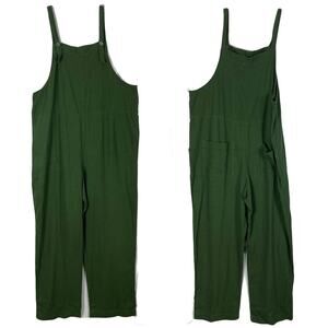 nwot LTD Overalls 38/S Linen Olive-Green Wide Adjust-Strap buttons Pockets